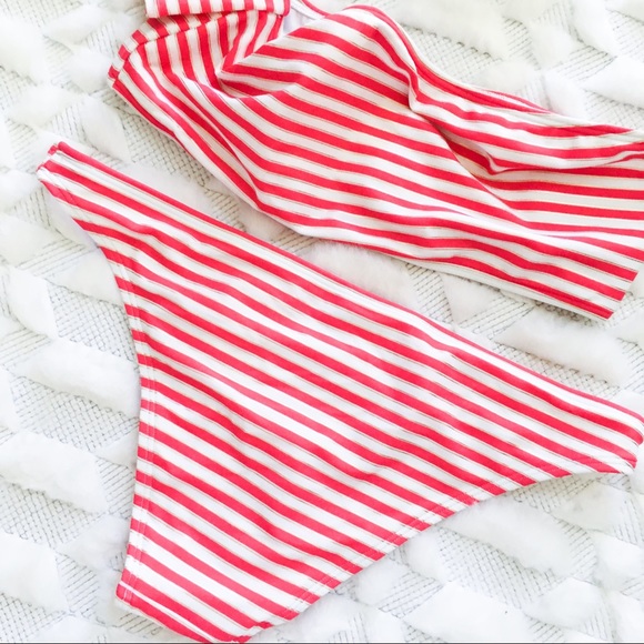 NWT Aerie Off the Shoulder Red Stripe Bikini Set - Picture 4 of 5